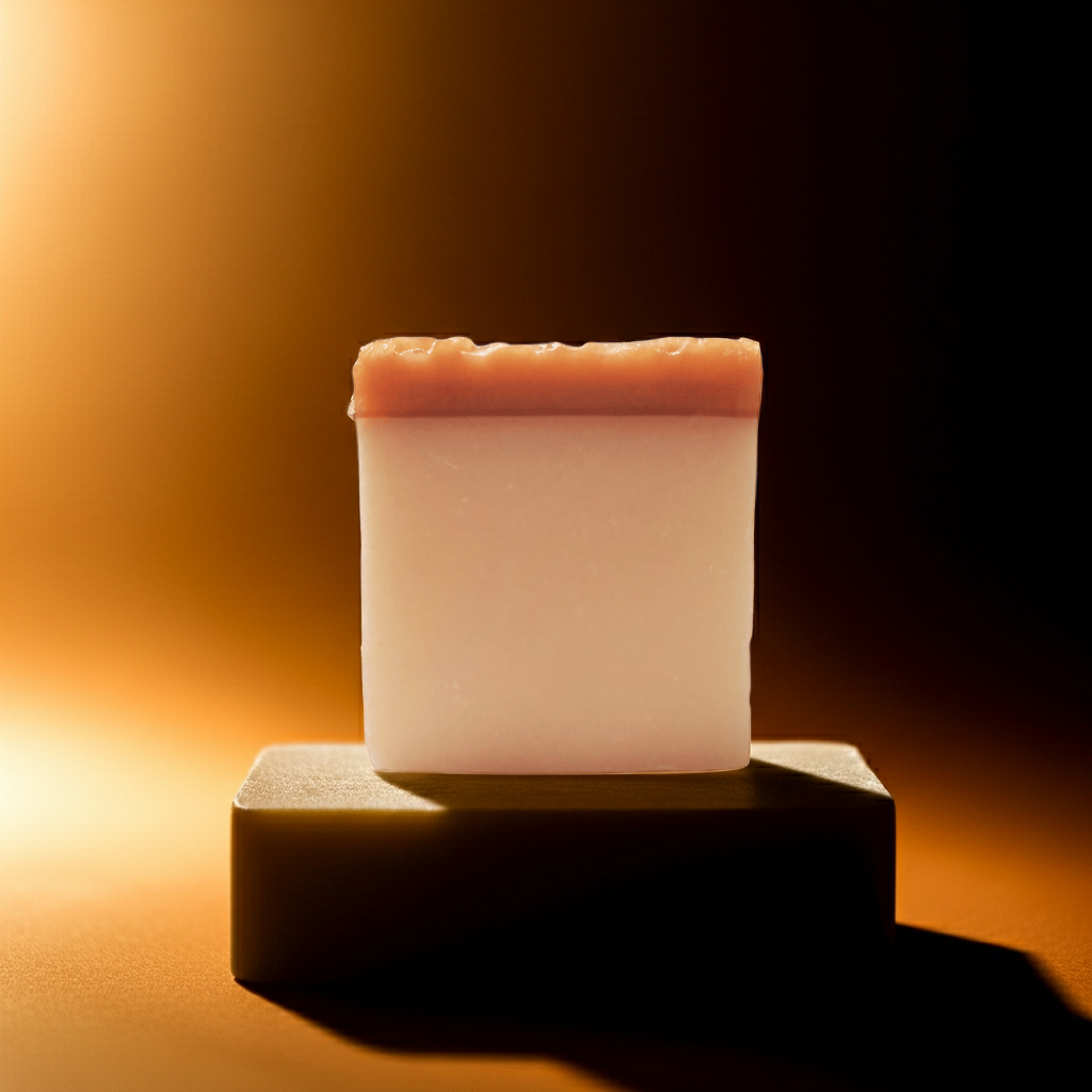 Honey Child soap bar on a dark pedestal with dramatic warm spotlight and shadow.