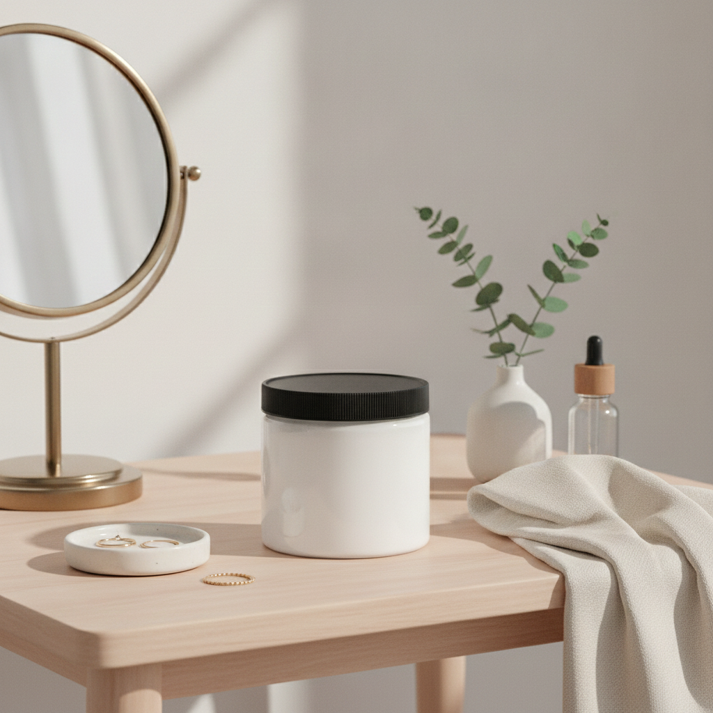 Unscented Smooth Body Cream on a vanity with a round mirror, greenery, a dropper bottle, and a folded towel.