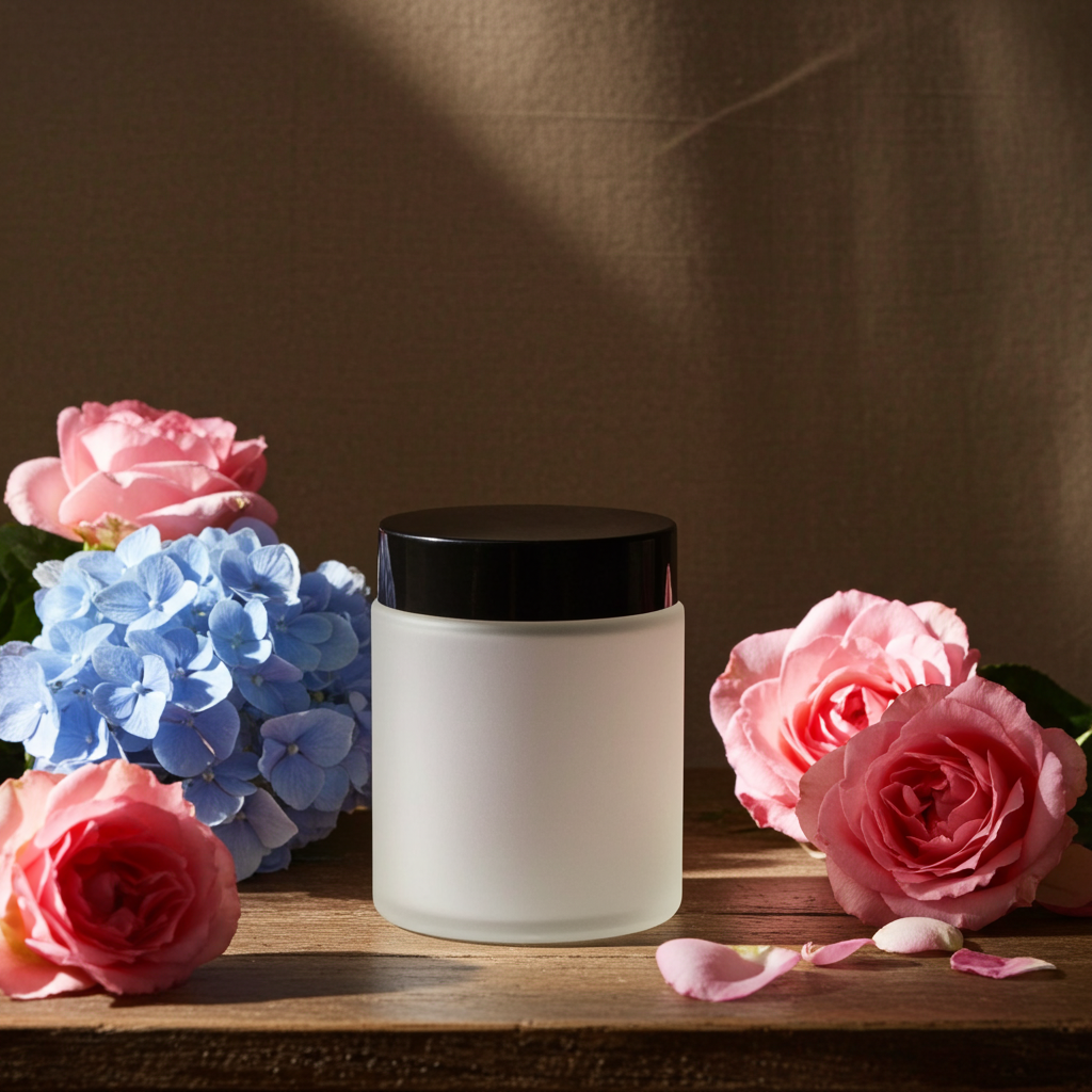 Hydrangea Rose Smooth Body Cream jar with soft pink roses and white hydrangeas on rustic wooden table.