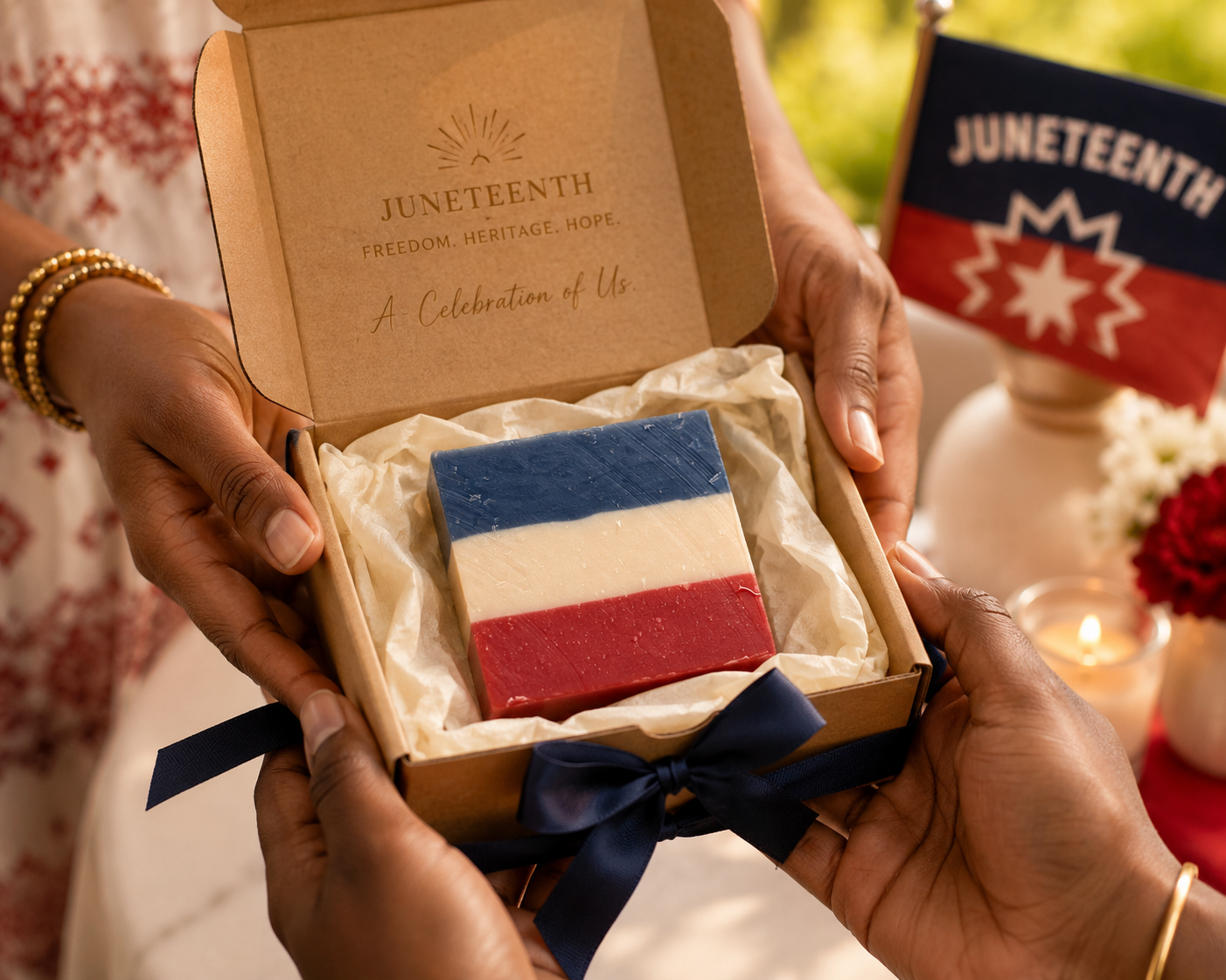 No Longer Bound soap presented in an open gift box during a Juneteenth celebration