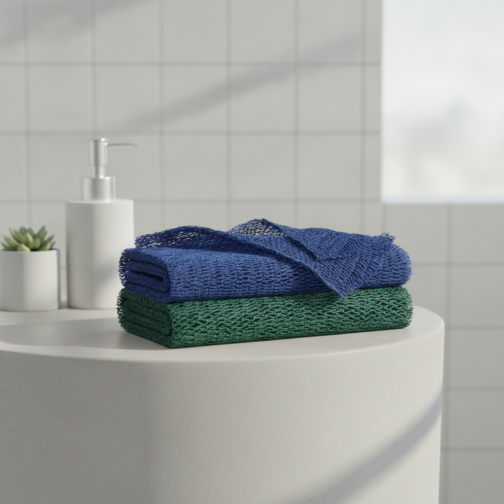 Blue and green Super Size Sapo Sponges folded on a modern bathroom counter
