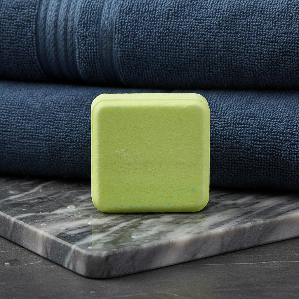 Green square shower steamer on a marble tray in front of folded navy towels.