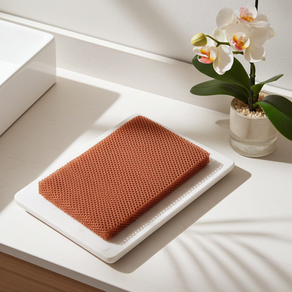 Long Body Scrubber on a counter with greenery, showing how it fits seamlessly into daily shower routines.