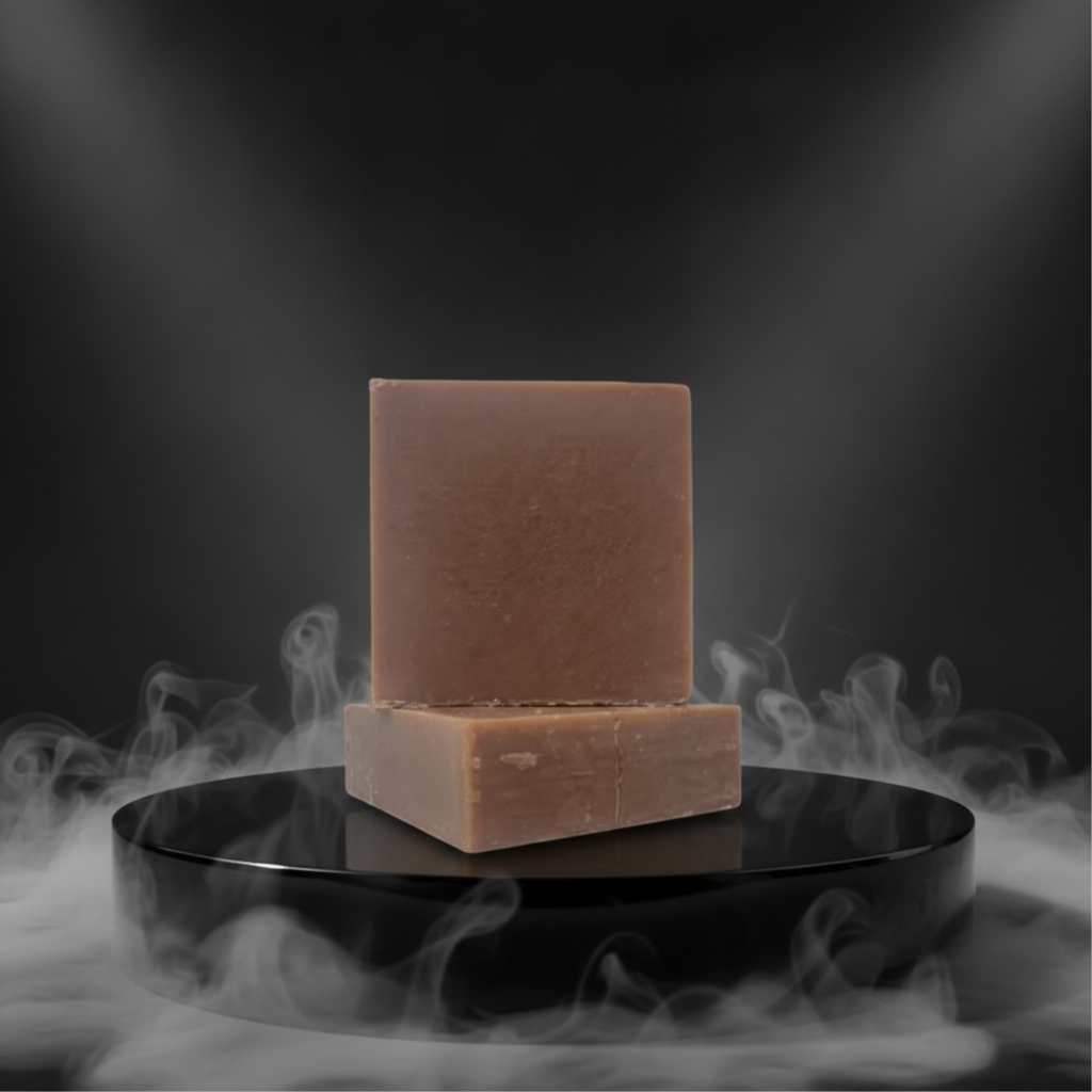 Nag Champa Mud Soap Bars stacked on a black dish with soft smoky styling.