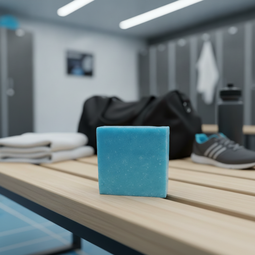 Cool Spring Scrub Soap Bar on a locker room bench beside folded towels, a gym bag, and athletic shoes.