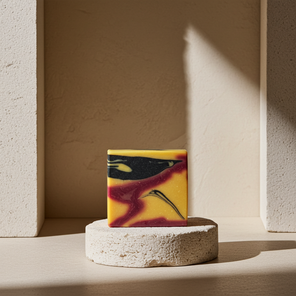 Nubia soap bar on a pedestal in warm sunlight with clean architectural shadows