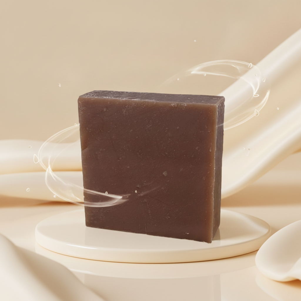 French Vanilla Biscotti Soap Bar on a white pedestal with soft cream swirl styling and warm beige background.