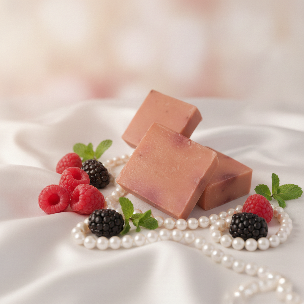 Bougie Auntie soap bars styled with raspberries, blackberries, mint, and pearls on soft white satin