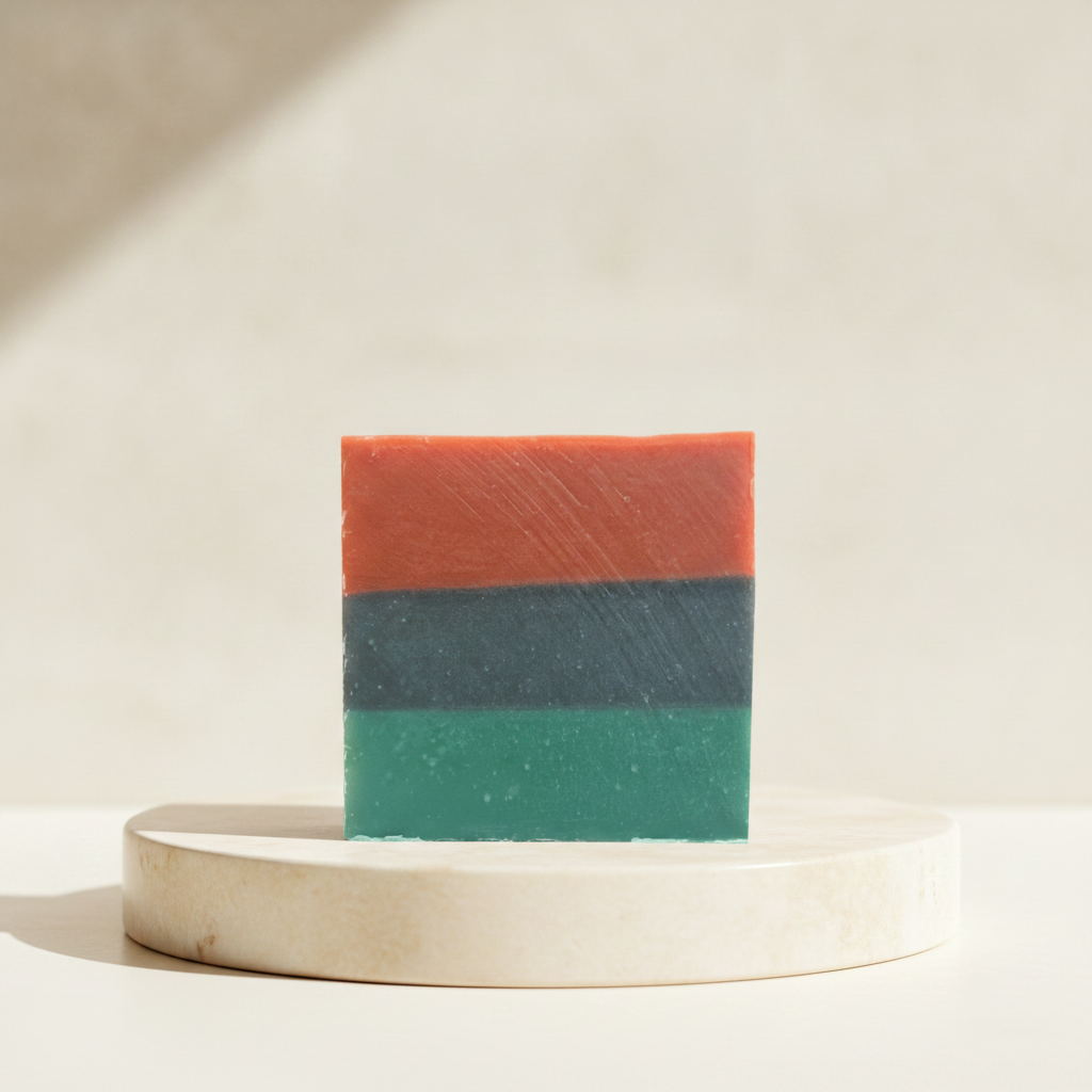 Liberation Lather handmade soap with red, black, and green horizontal layers displayed on a cream pedestal.
