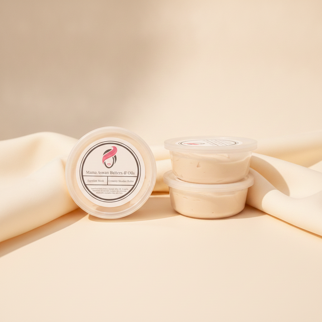 Creamy Whipped Shealoe Butter tubs and labeled lid displayed on soft cream fabric.