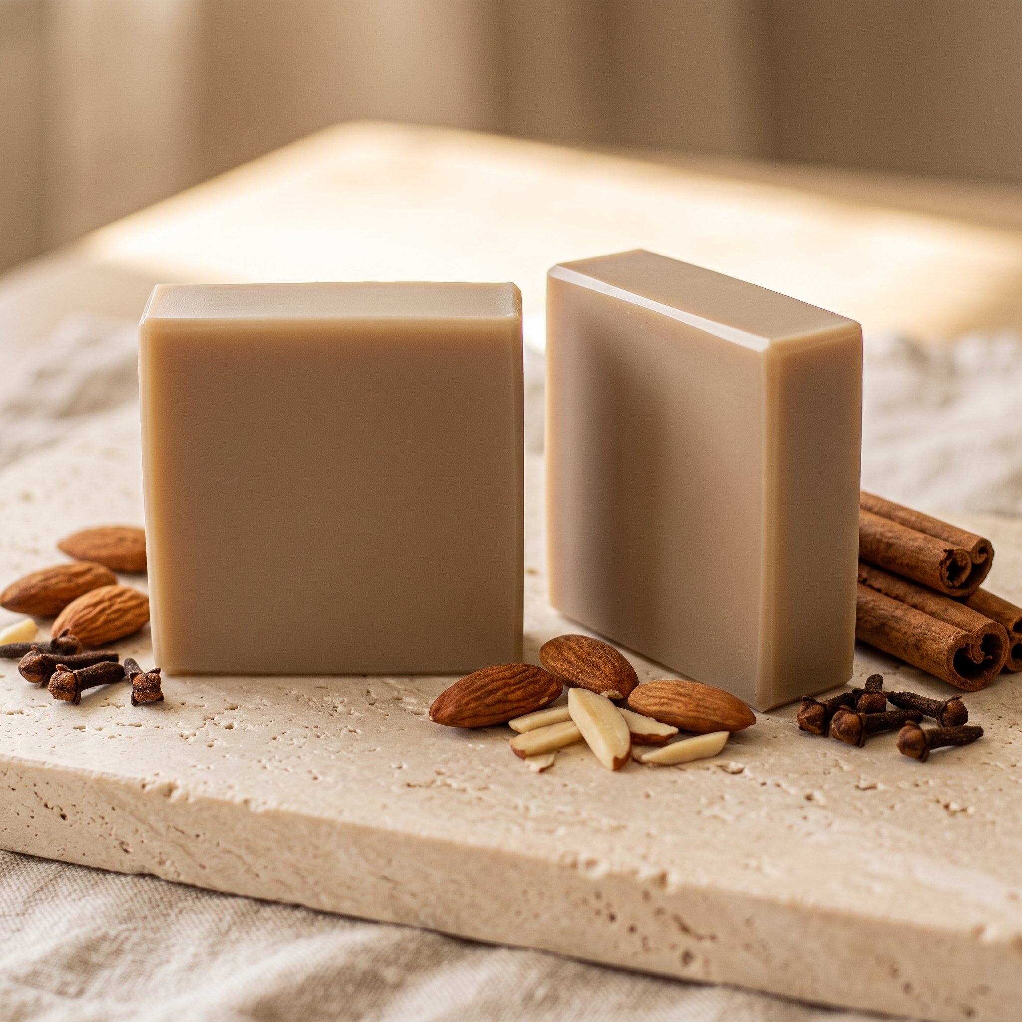 Almond Spice Soap Bars on a stone surface with almonds, cinnamon sticks, and cloves.