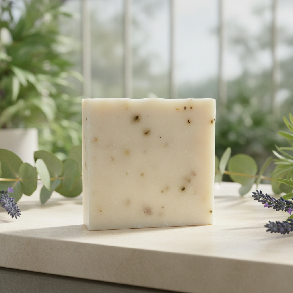 Eucalyptus Lavender Goat’s Milk Soap Bar on a light stone surface with eucalyptus leaves and lavender sprigs.