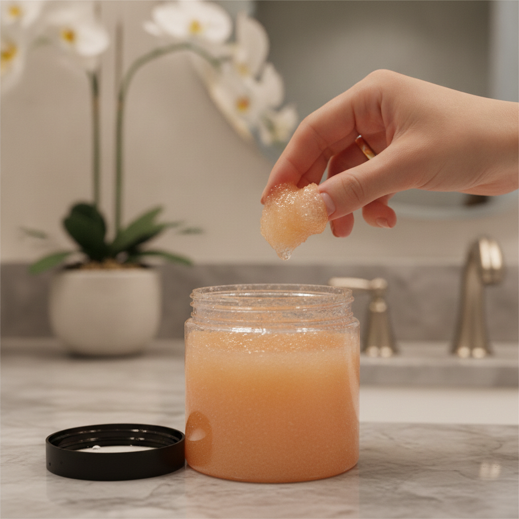 Hand scooping Sugar Scrub Gel from an open jar on a bathroom counter.