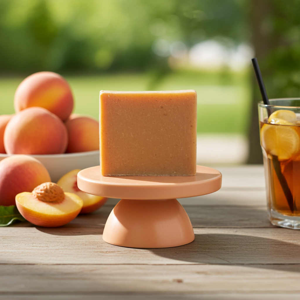 Georgia Girl Glow handmade soap bar on a pedestal with fresh peaches and sweet tea in a bright summery setting