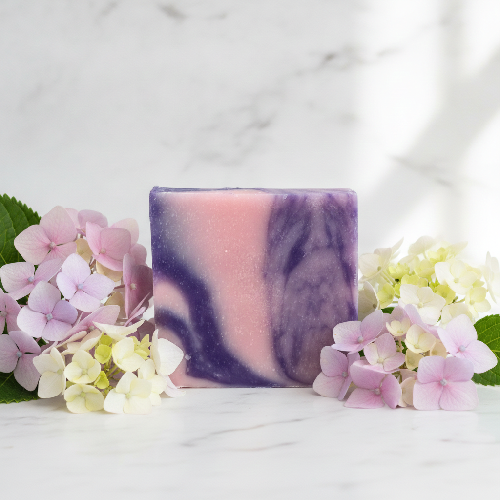 Hydrangea Soap Bar surrounded by pink, purple, and cream hydrangea flowers on a marble surface.