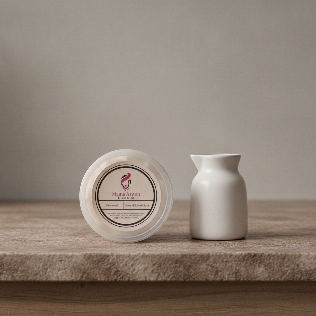 Unscented Goat’s Milk Body Butter beside a small white milk pitcher on a stone surface.