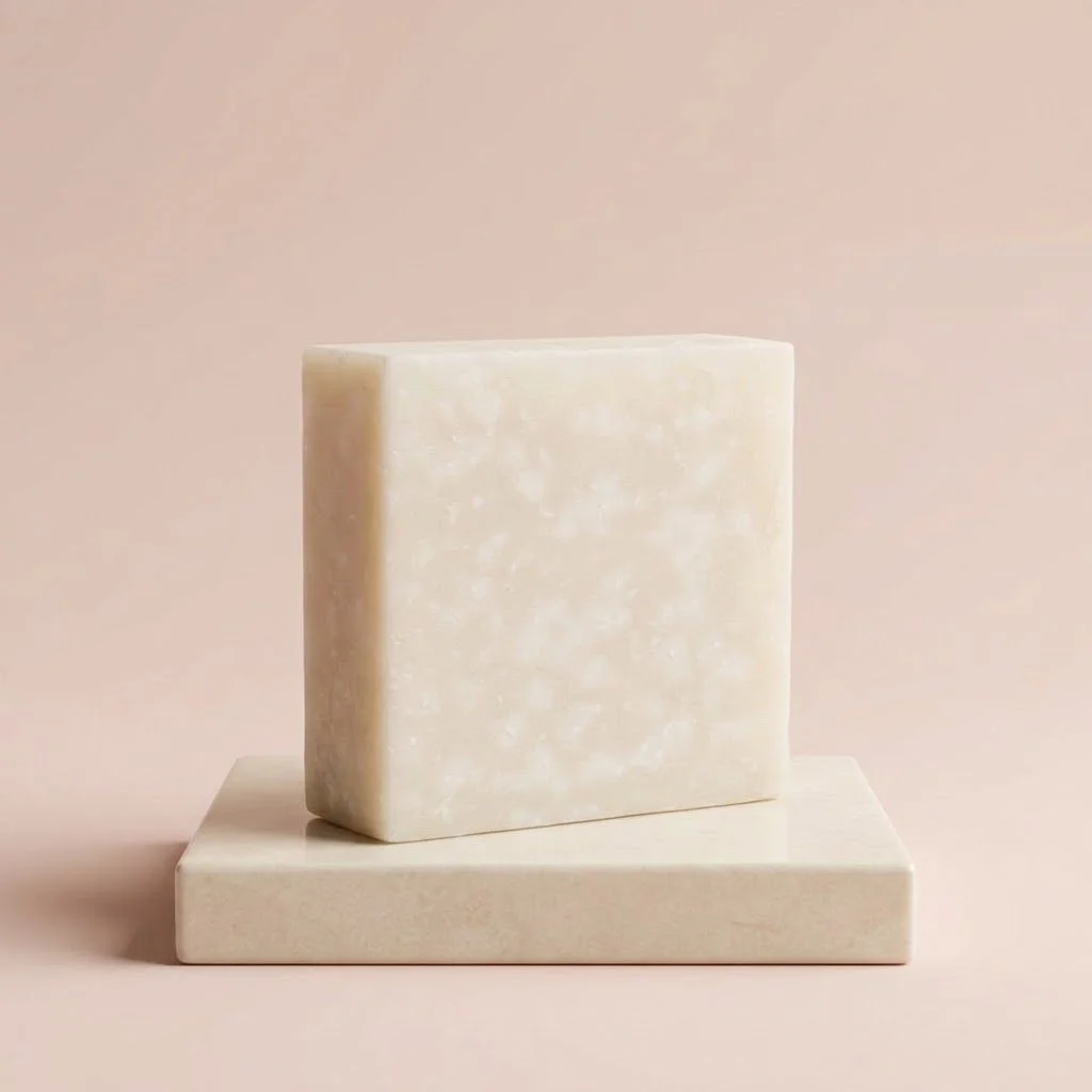 Big Sister Soap standing on a cream stone pedestal against a soft blush pink background.