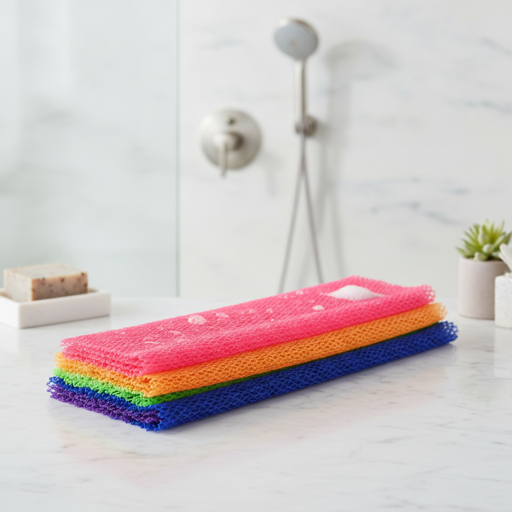 Stack of colorful Super Size African net sponges on a marble bathroom counter