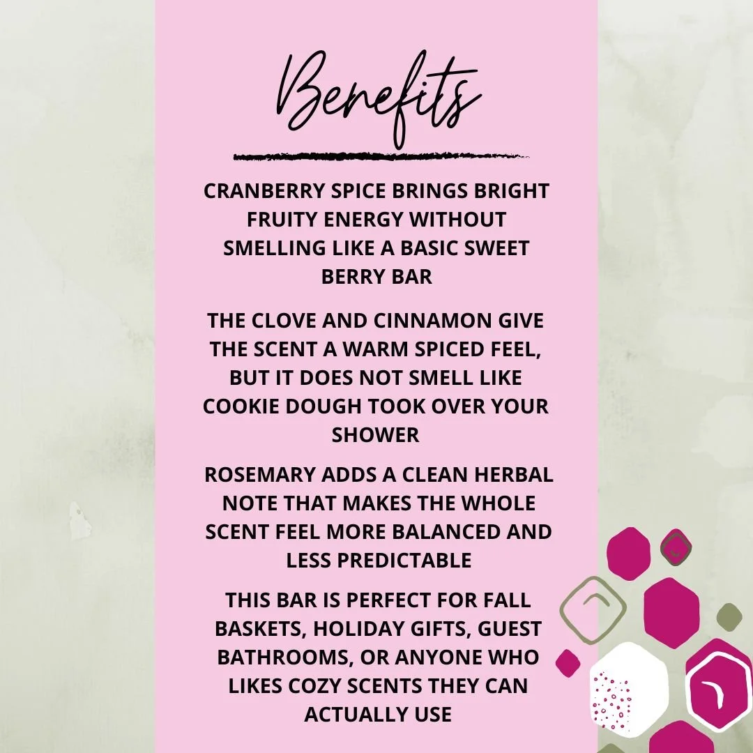 Benefits graphic for Cranberry Spice Soap Bar highlighting its tart cranberry scent, warm clove and cinnamon notes, rosemary finish, and seasonal gift appeal.