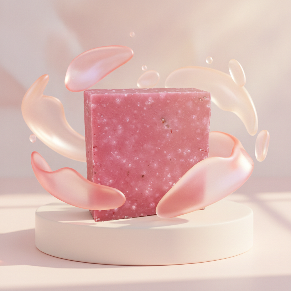 Spring Breeze Scrub Soap Bar on a white pedestal with pink cream splash styling and soft glow.