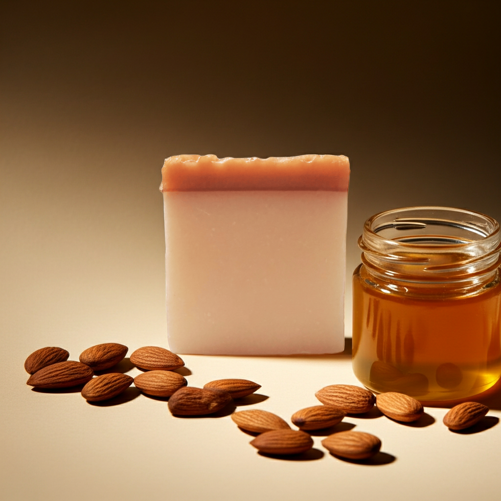 Honey Child honey-almond soap bar with almonds and a jar of honey on warm neutral background.
