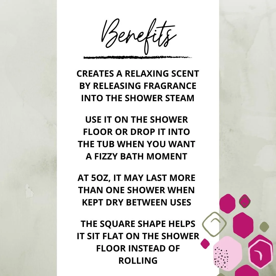 Benefits graphic for Large Shower Steamers highlighting shower scent, bath bomb use, 5 oz size, and square shape.