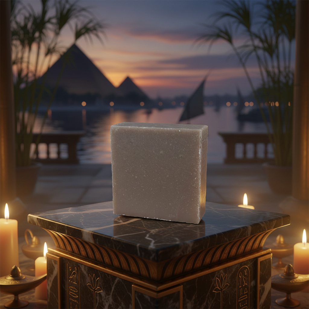 Queen of the Nile soap bar on a dark pedestal with candlelight and a sunset river view inspired by Nile Valley ritual beauty