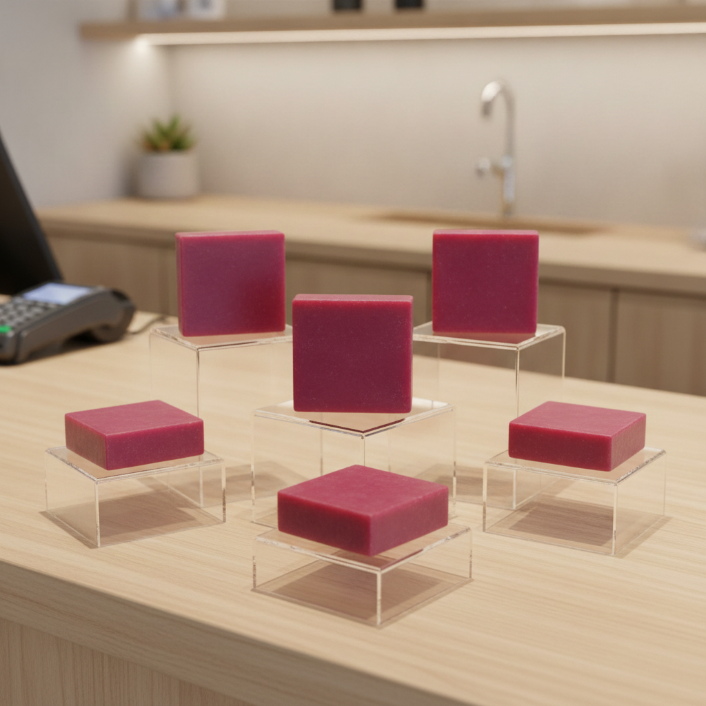 Raspberry Mint Soap Bars displayed on clear stands in a bright bathroom setting.