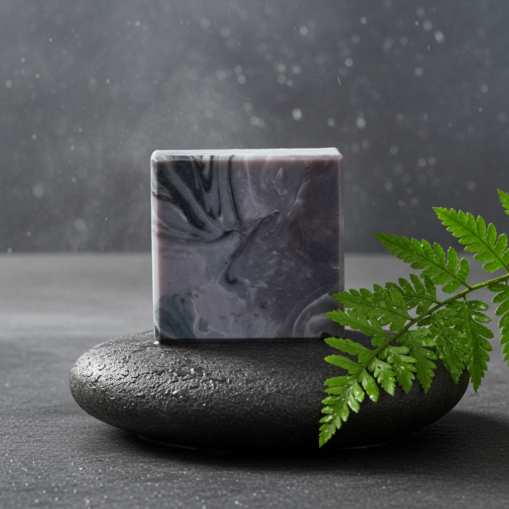 Storm Over the Sahel mineral-rich soap bar styled on a black stone with fern leaves in a misty setting