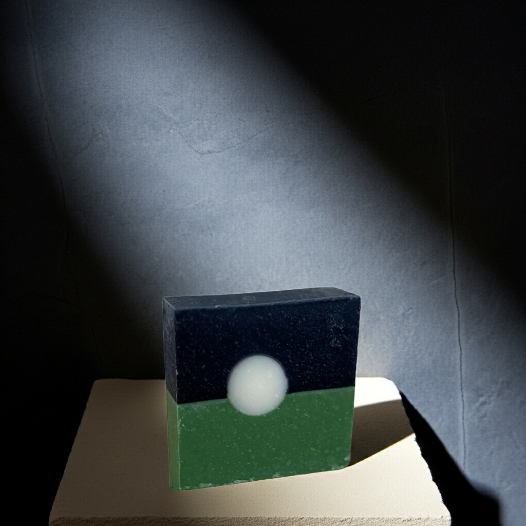 Only the Moon Above handmade soap bar in dramatic spotlight with deep shadow and clean minimal styling