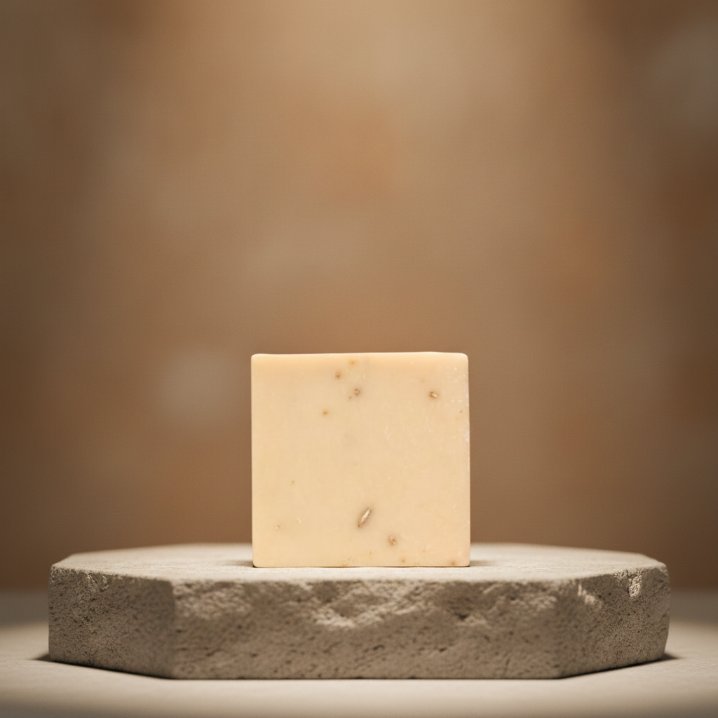 Cherry Almond Soap Bar on a stone pedestal against a warm neutral background.