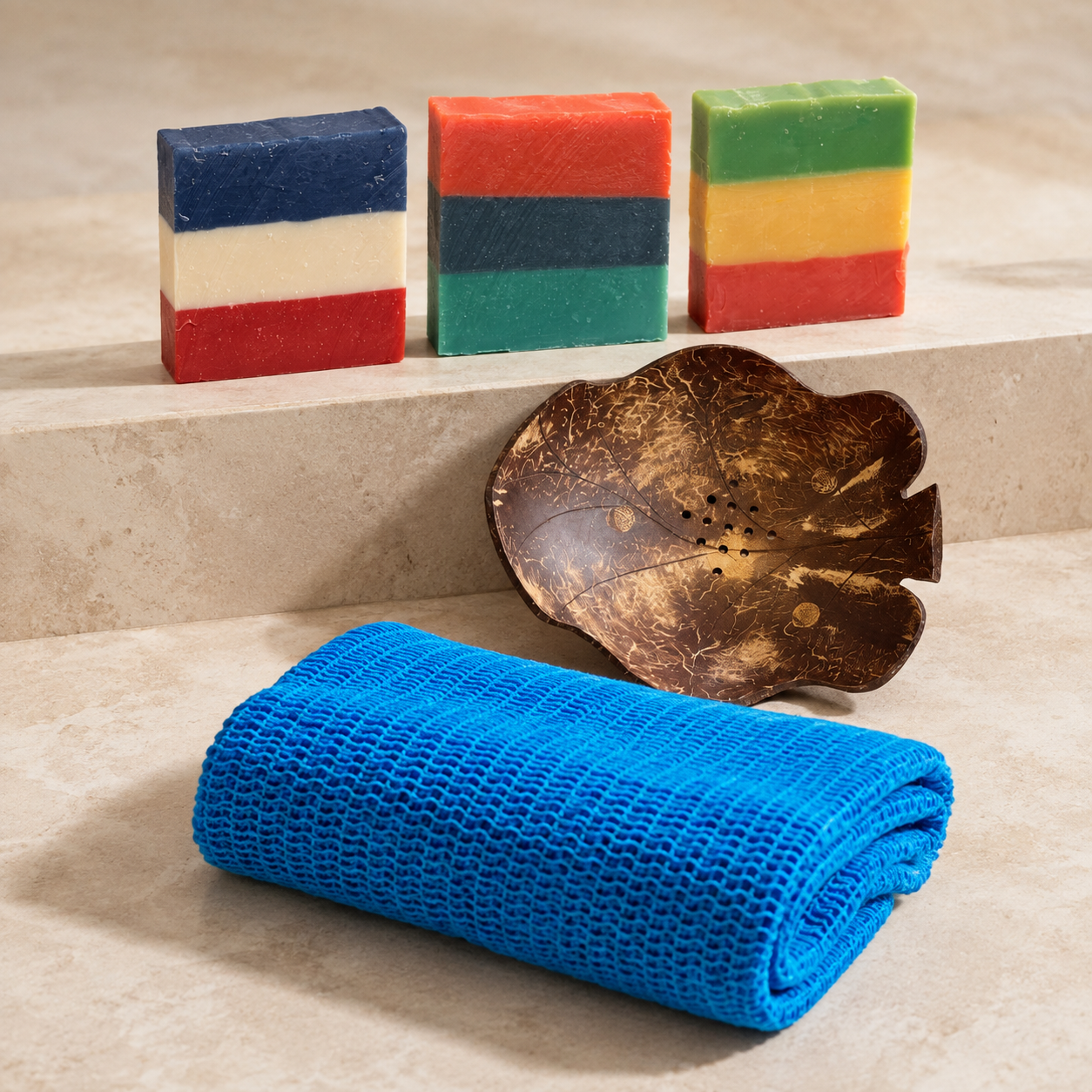 The Heritage Trifecta Shower Set with three Heritage Line soap bars, a blue Sapo Sponge, and a Coconut Shell Soap Dish on a stone bathroom surface.