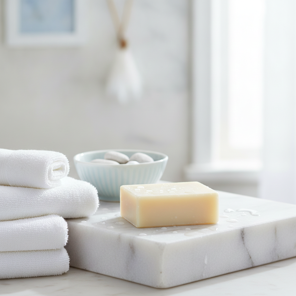 Cotton Blossom Soap Bar on a wet white surface beside rolled towels and soft bathroom accents.
