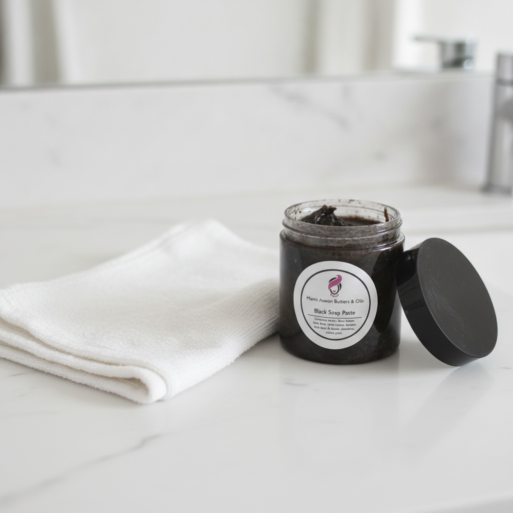 Open jar of Raw African Black Soap Paste beside folded white towels on a bright bathroom counter.