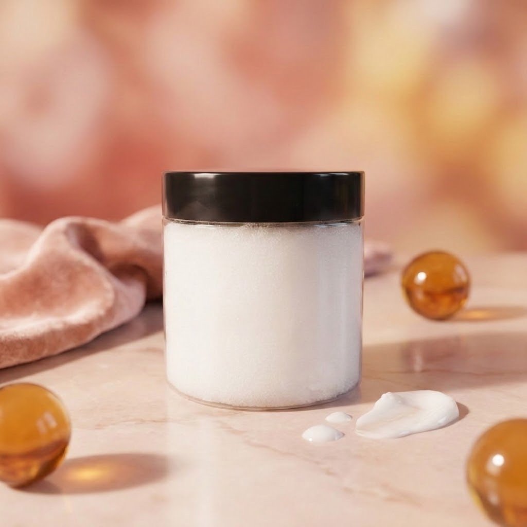 Close-up of a white body butter jar with a small butter smear and amber-colored decorative accents on a pink surface.