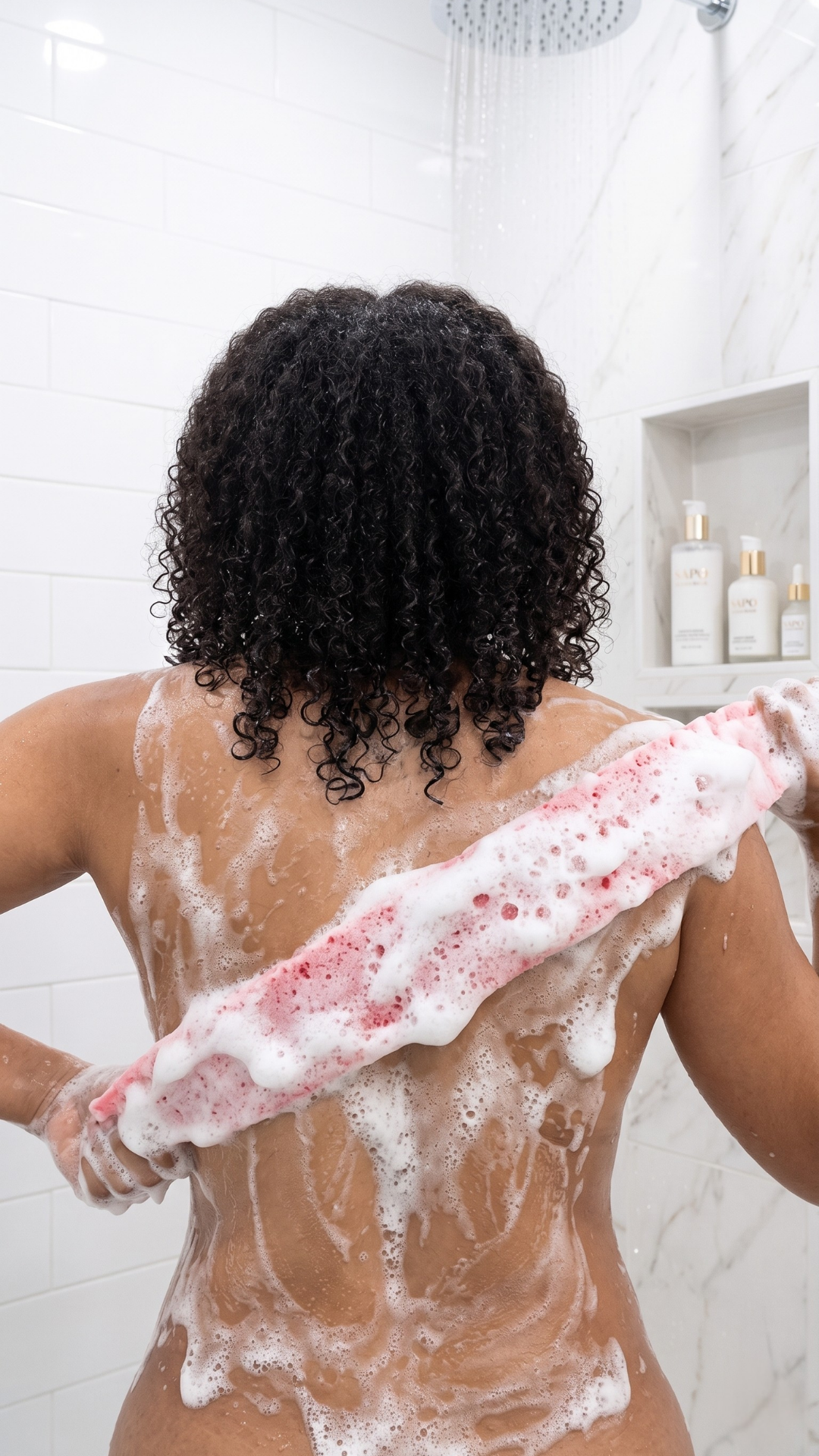 Person using a pink authentic Sapo Sponge with rich soap lather to wash and exfoliate their back in the shower.