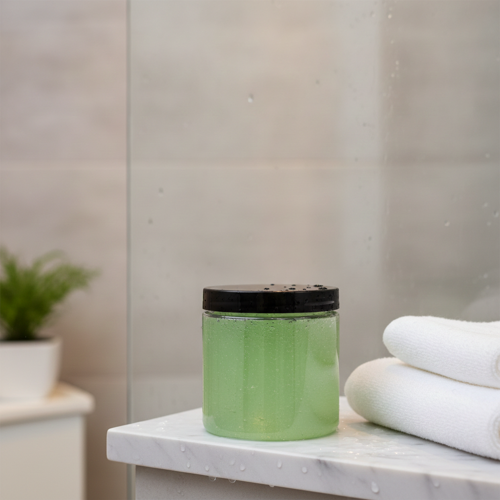 Green Sugar Scrub Gel beside folded white towels in a clean bathroom setting.