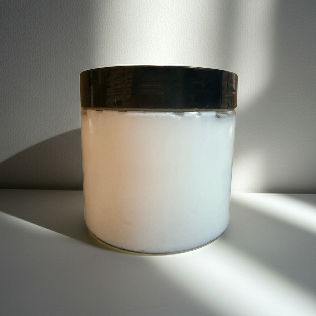 A clean close-up of The White Line by Mama Aswan Unscented Smooth Body Cream 16oz on a softly lit surface, emphasizing the jar’s simple, minimal presentation.