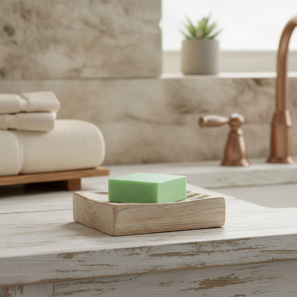 Apple Cider Vinegar Soap Bar resting in a wooden soap dish on a bathroom counter.