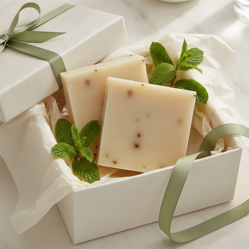 Tea Tree Mint Soap Bars in a white gift box with mint leaves and green ribbon.