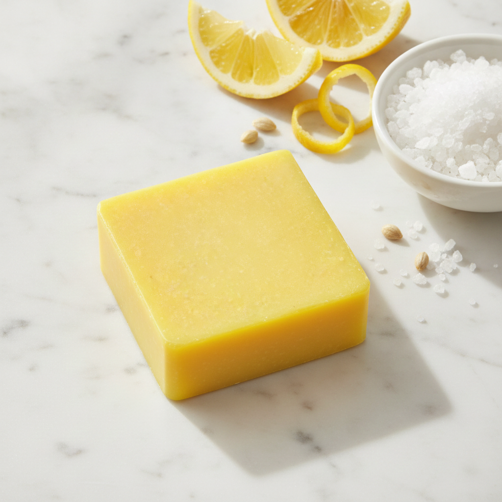 Lemon Zest Soap Bar shown from above with lemon slices, lemon peel curls, sea salt, and exfoliating grains on a marble surface.