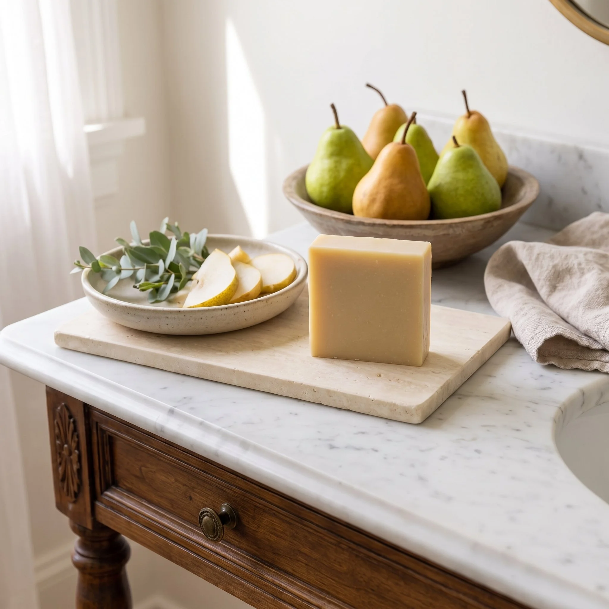 French Pear Soap Bar on a bathroom counter with a bowl of pears, sliced pear, greenery, and folded towels.