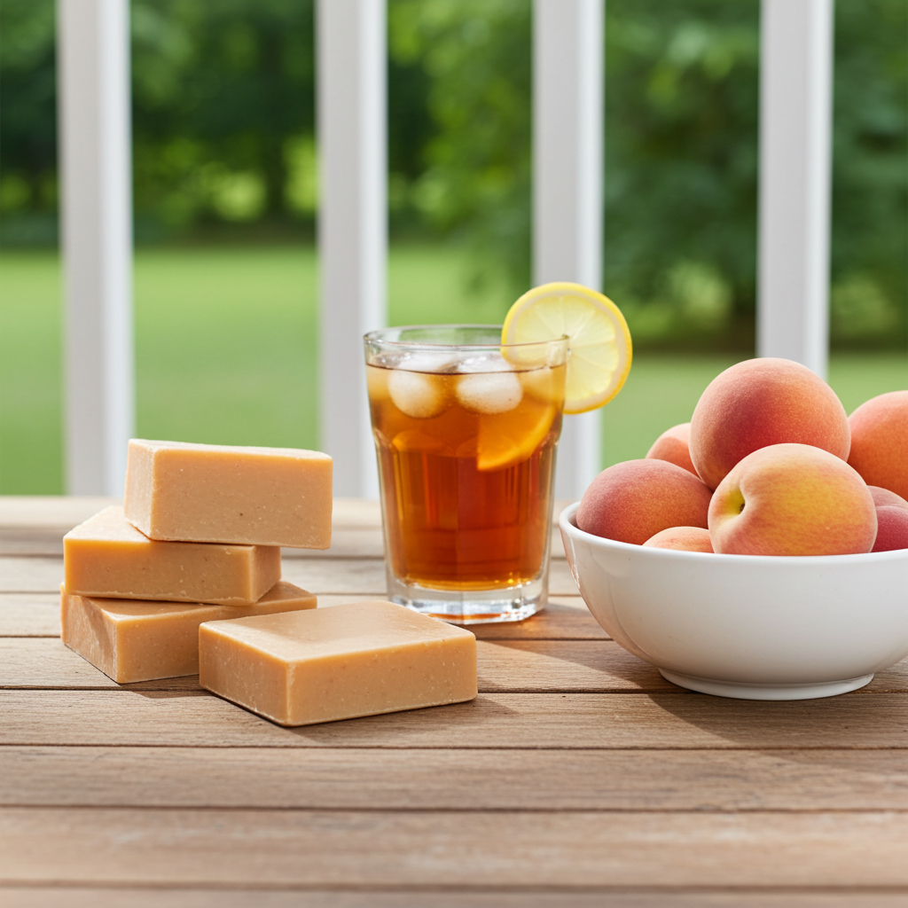 Georgia Girl Glow soap bars with sweet tea and peaches by a bright porch window in a Southern-inspired summer scene