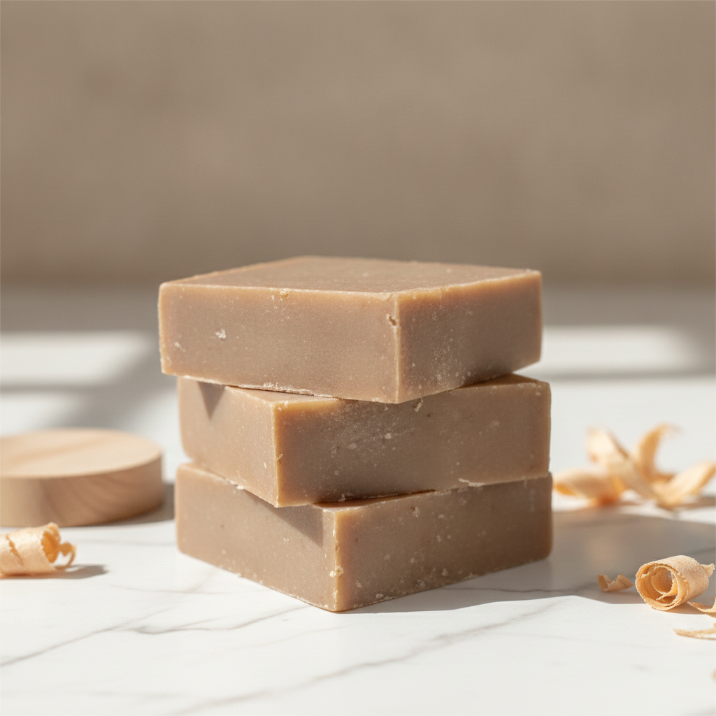 Stacked Sandalwood Soap Bars on a marble surface with sandalwood curls and soft bathroom lighting.