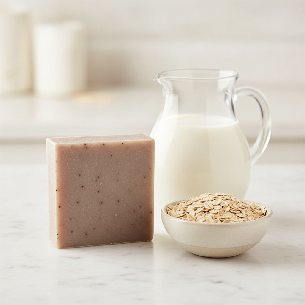 Oatmeal Goat’s Milk Soap beside a glass pitcher of milk and a bowl of rolled oats on white marble.