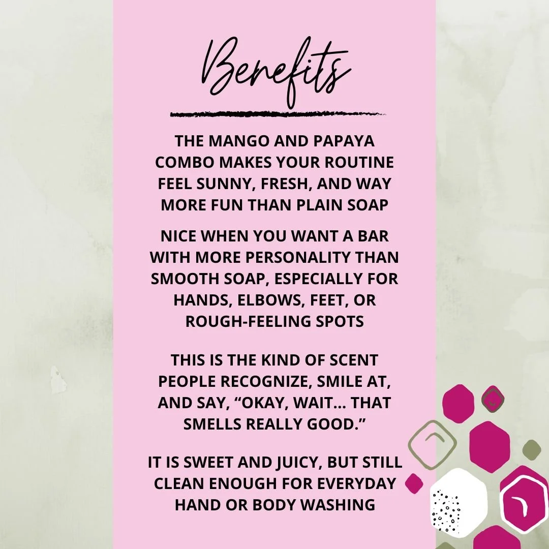 Benefits graphic for Mango Papaya Soap Bar highlighting its tropical scent, fruity shower appeal, scrubby texture, and gift-friendly scent.