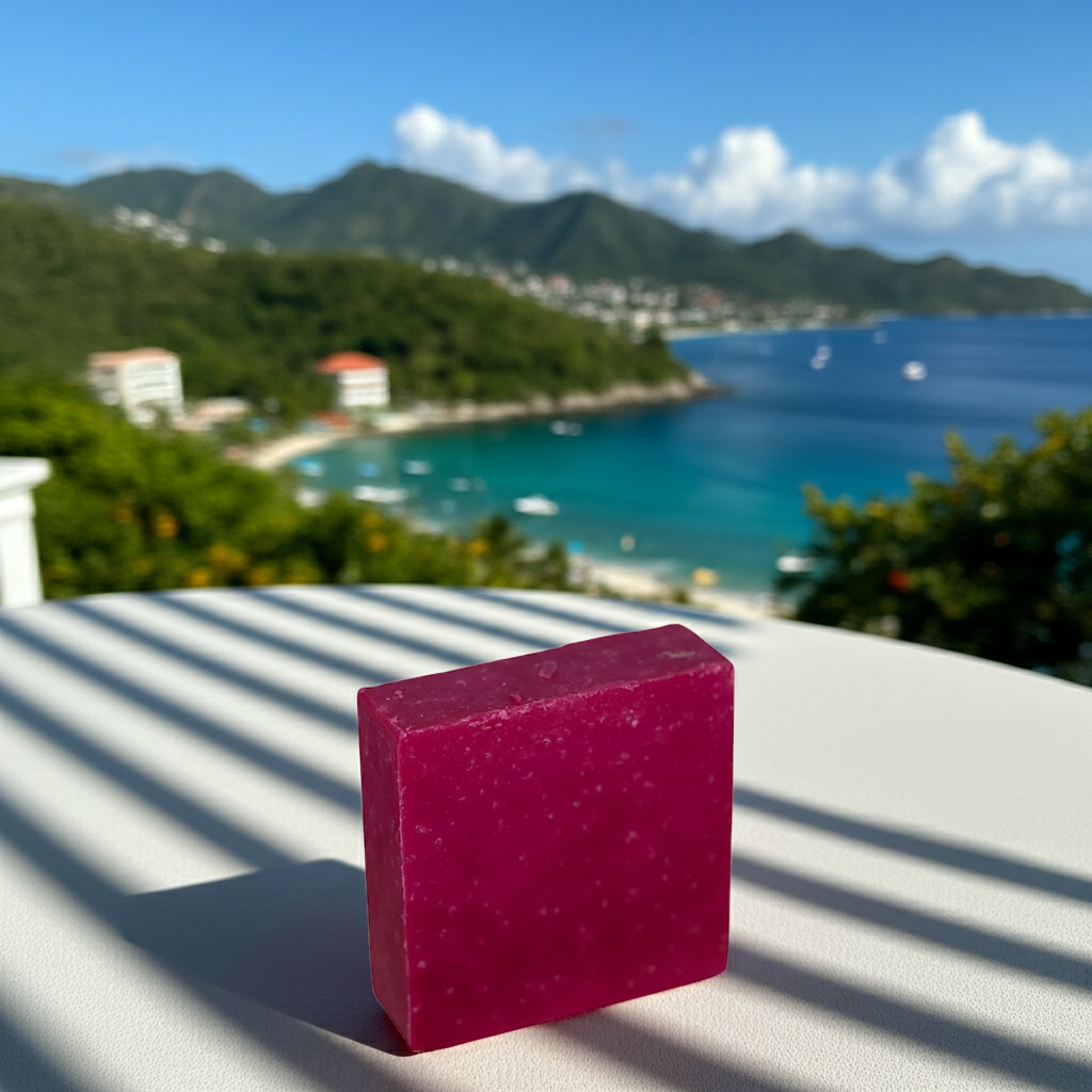 Sun-Kissed Empress handmade soap bar styled in bright sunlight with a tropical coastline in the background