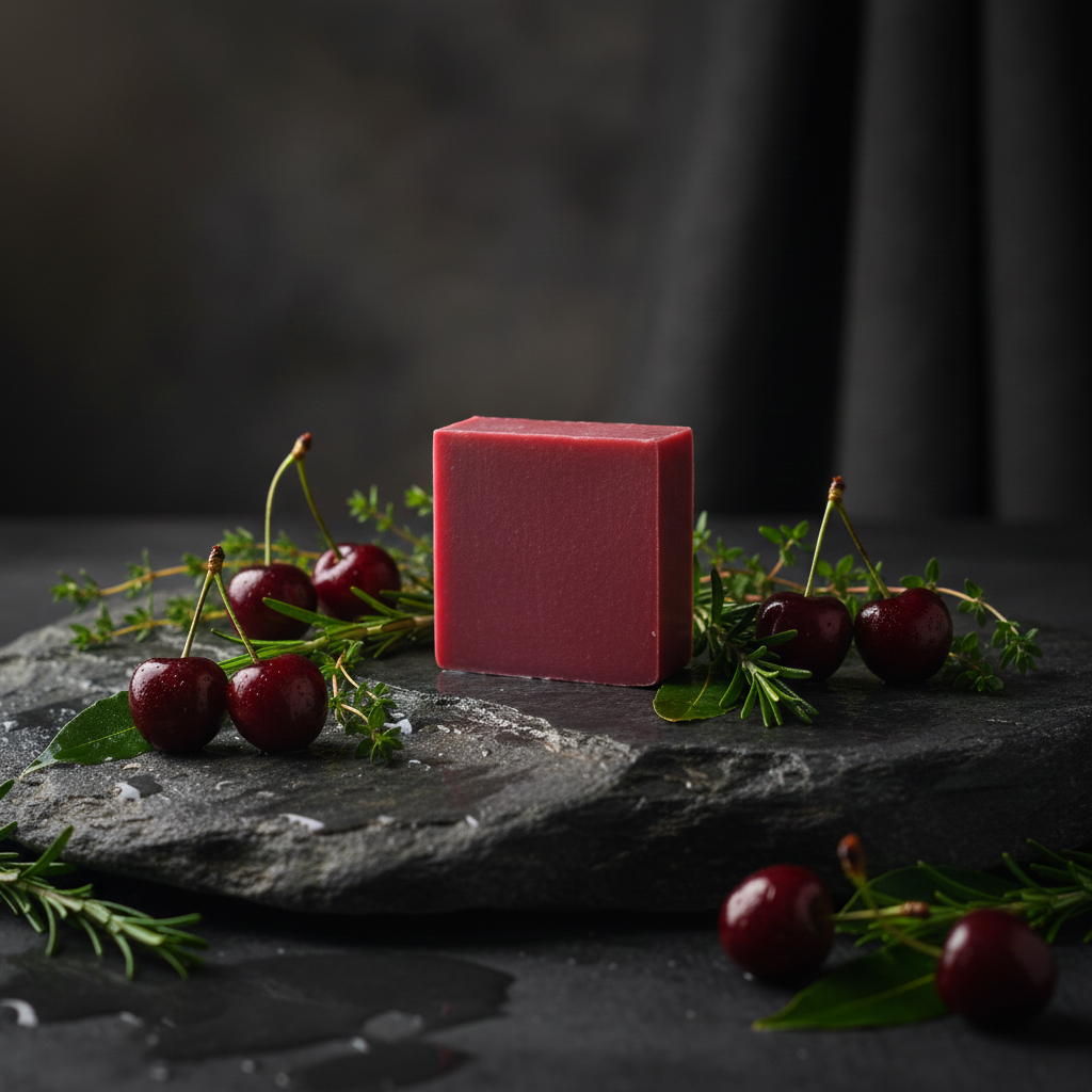 Midnight Cherry soap bar styled with cherries and rosemary on a dark stone slab in moody light