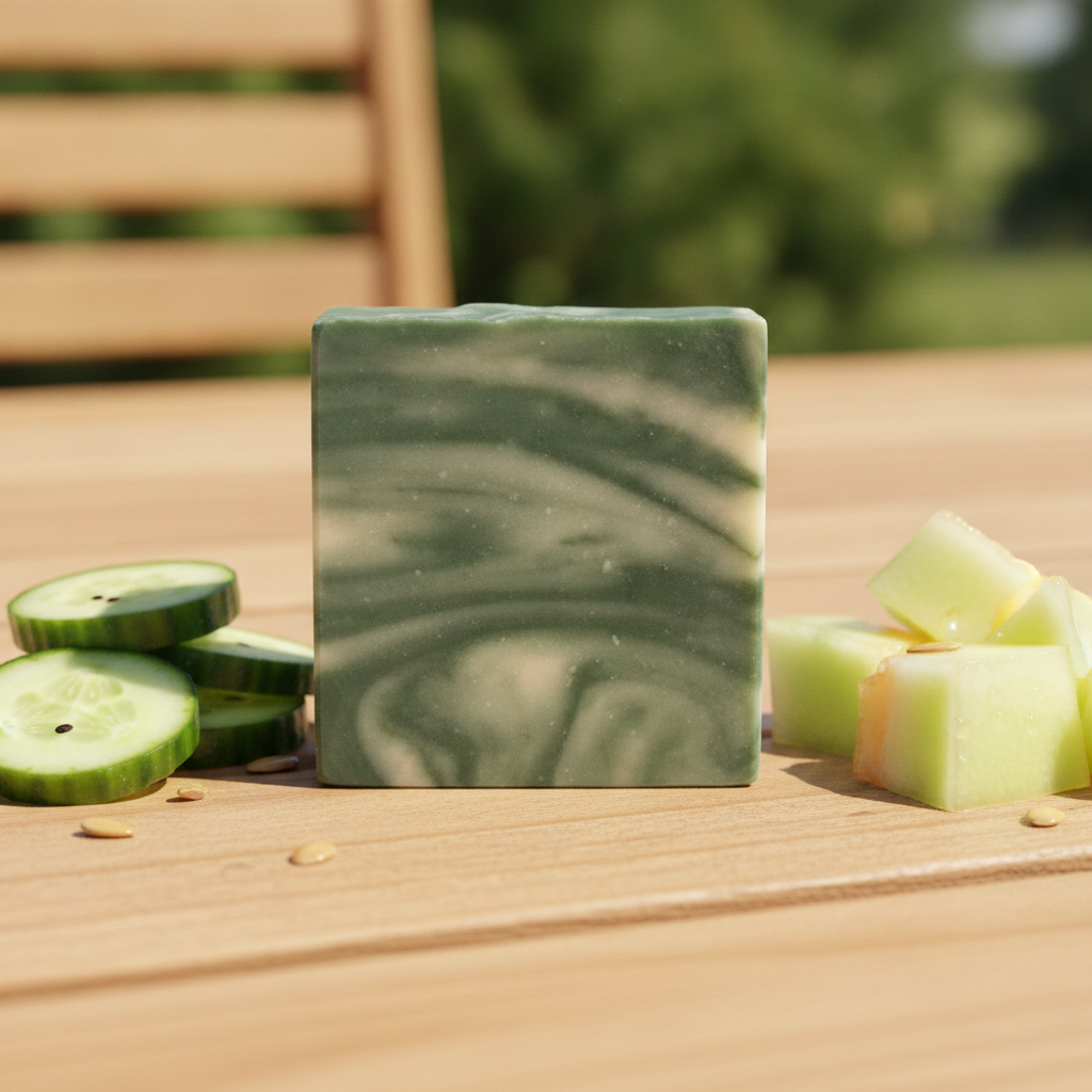 Cucumber Melon Soap Bar on a wooden surface with cucumber slices and melon cubes.