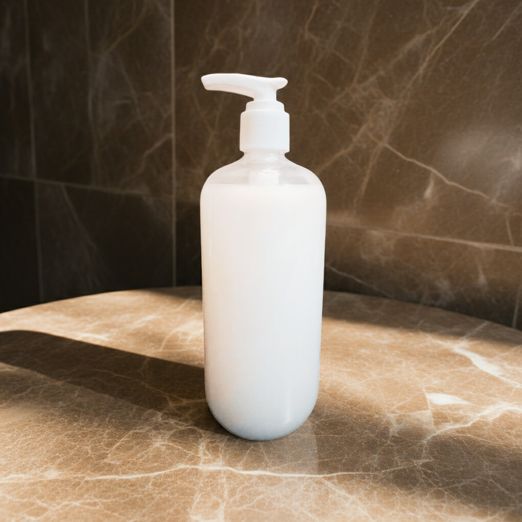 A moody, warm-toned product image of The White Line Sensitive Skin Body Wash styled on brown marble to emphasize its clean, soothing, and minimalist identity.